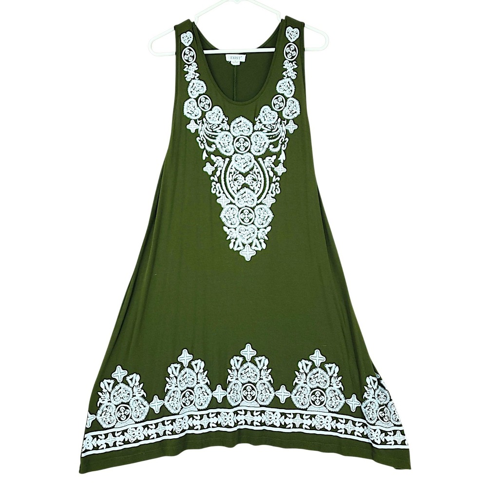 Exist Dress M Tribal Olive Green Sleeveless Embroidered Hearts Boho Shift Tunic